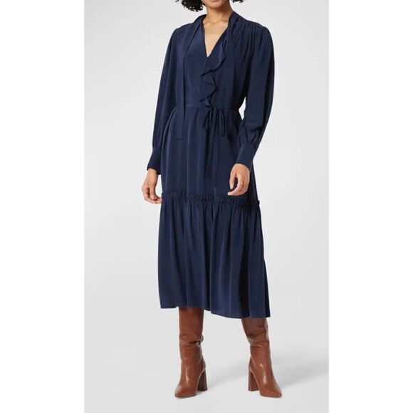 Joie NWT Roussel Ruched Ruffle-Trim Silk Navy Blue Midi Dress Sz S - Picture 1 of 9
